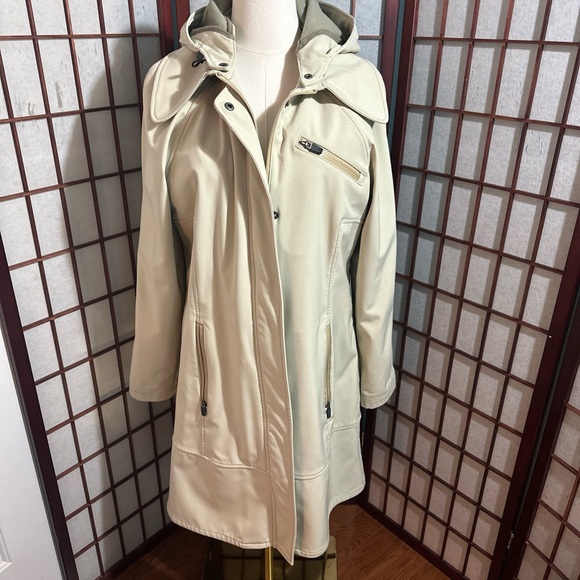 Athleta women’s raincoat lined Cream Hooded Trench Coat side medium - Picture 1 of 8